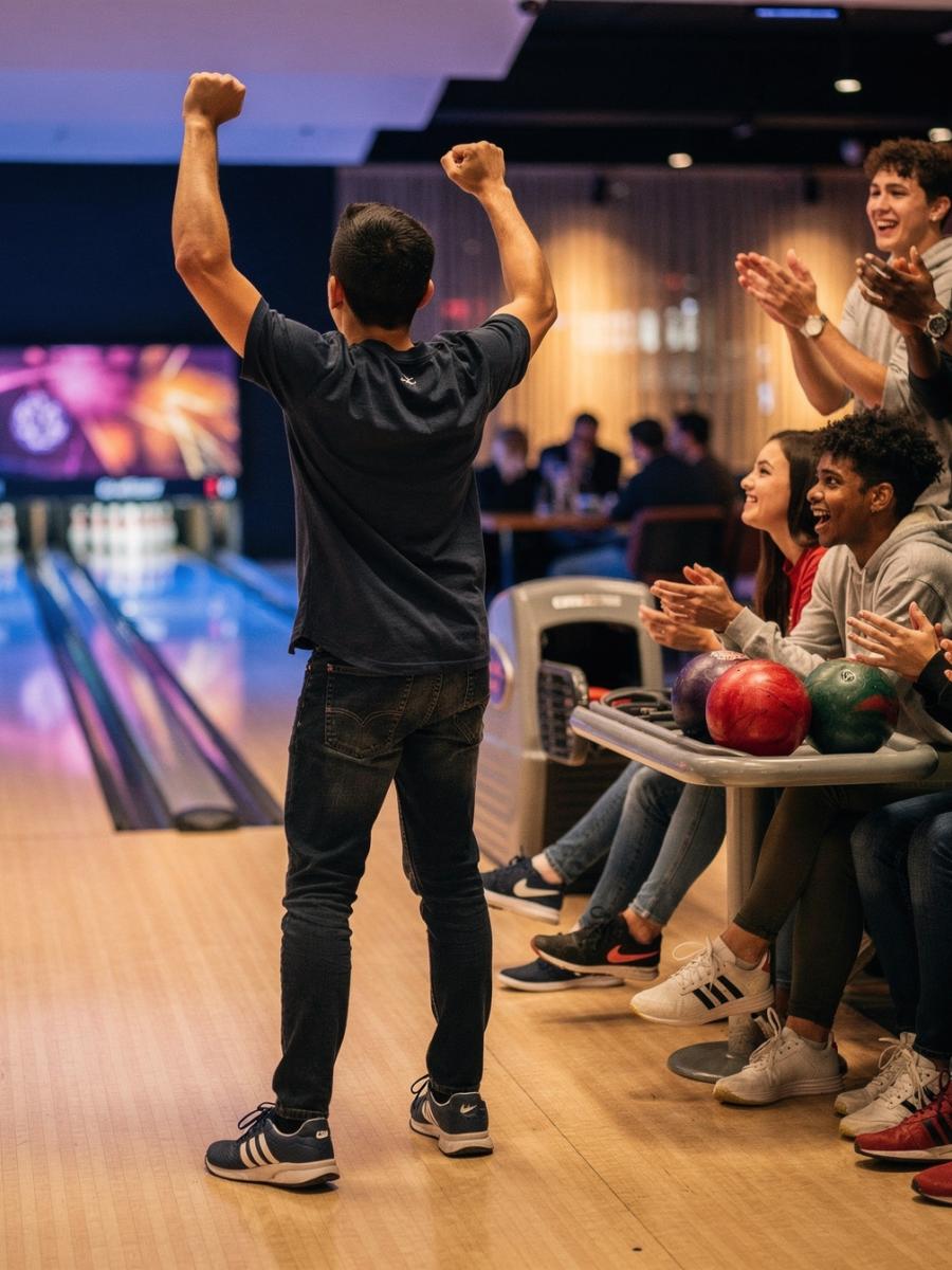 A youth rugby team celebrating a strike together at a bowling alley