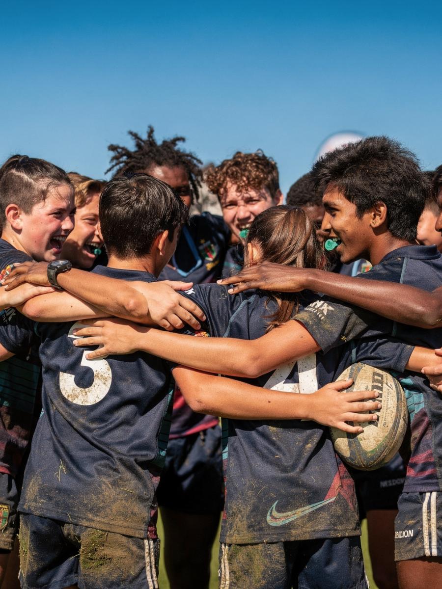 A youth rugby team celebrating together at a festival
