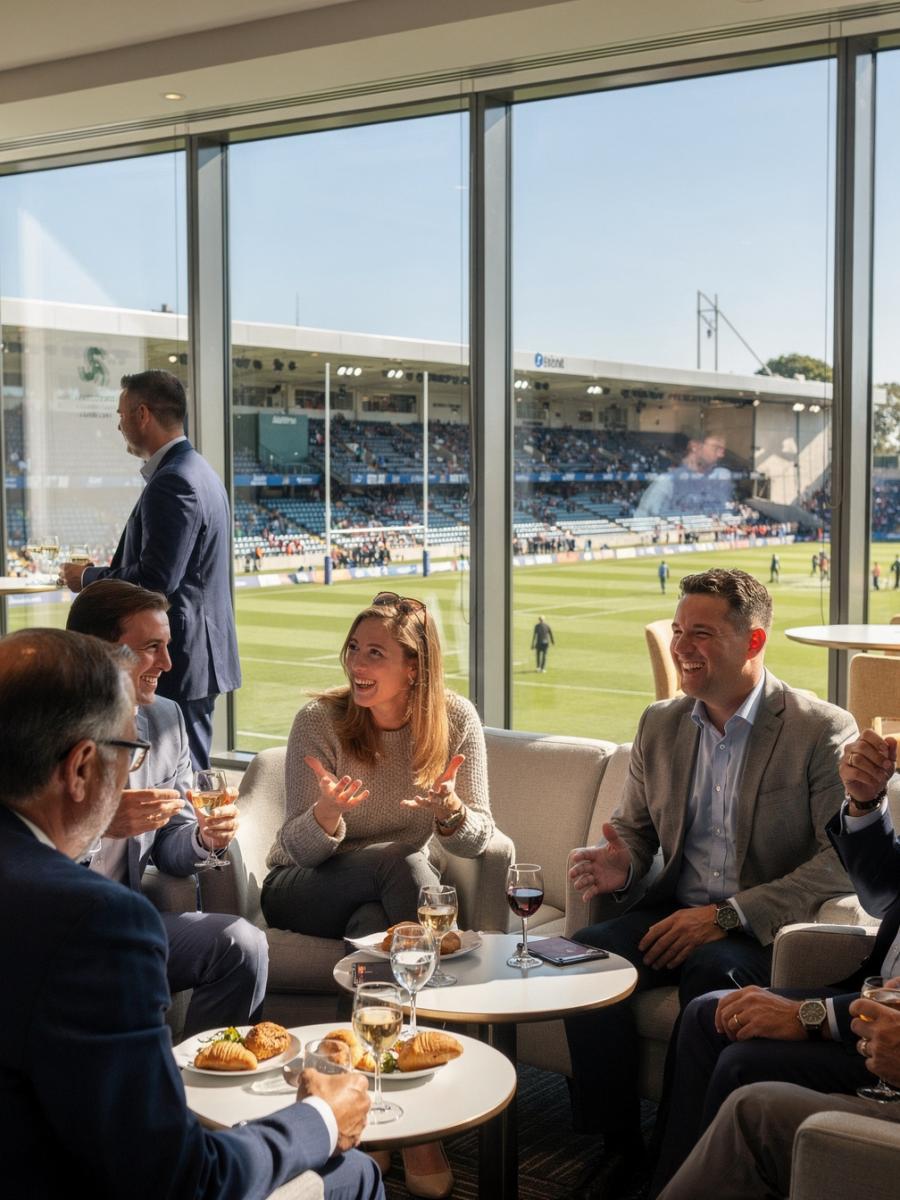 Business guests enjoying a hospitality suite overlooking the pitch