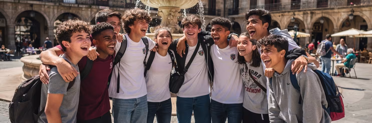 A youth rugby touring team celebrating together in a European city square