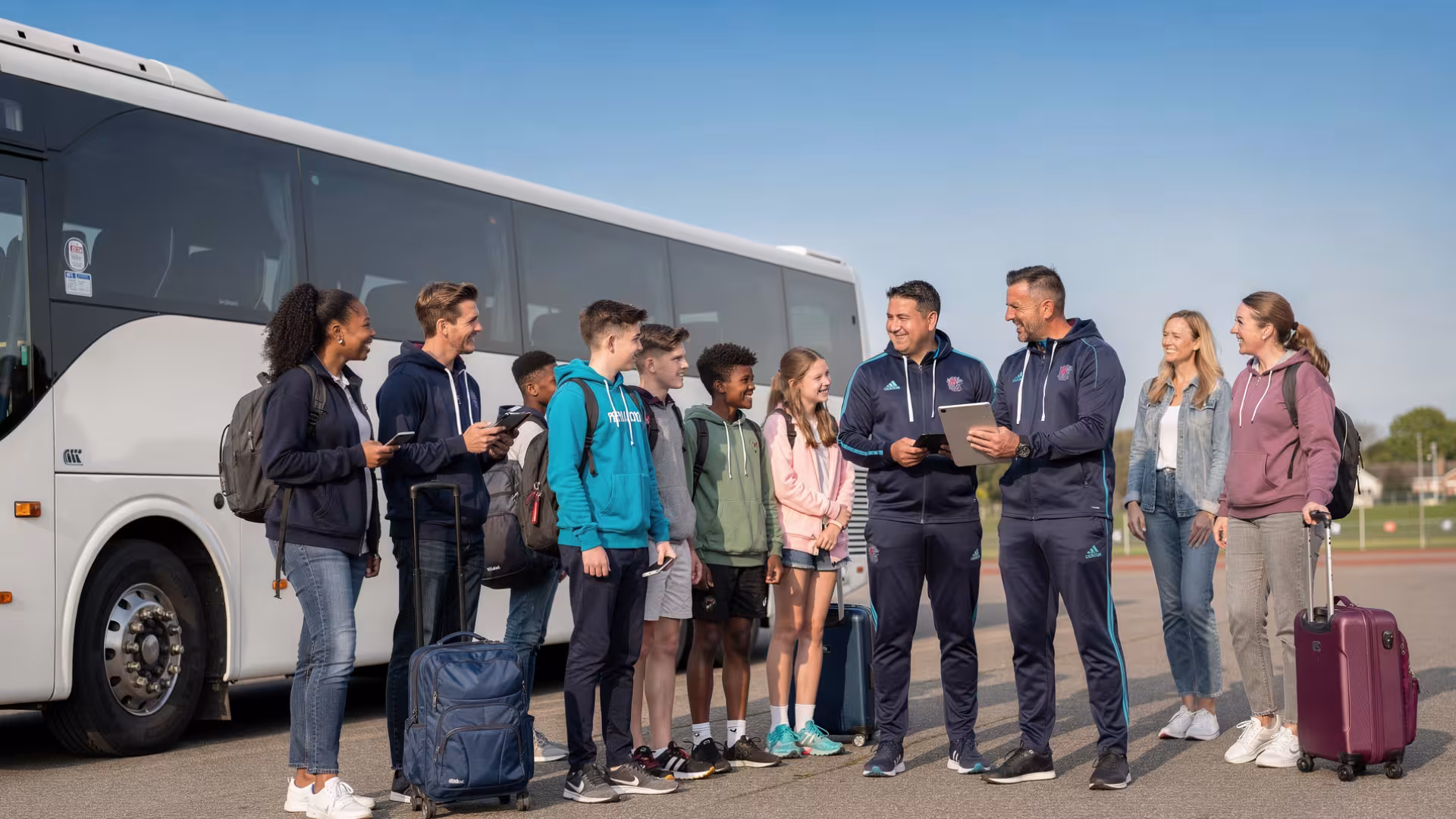 Coaches and tour coordinator helping a youth rugby team prepare beside a touring coach