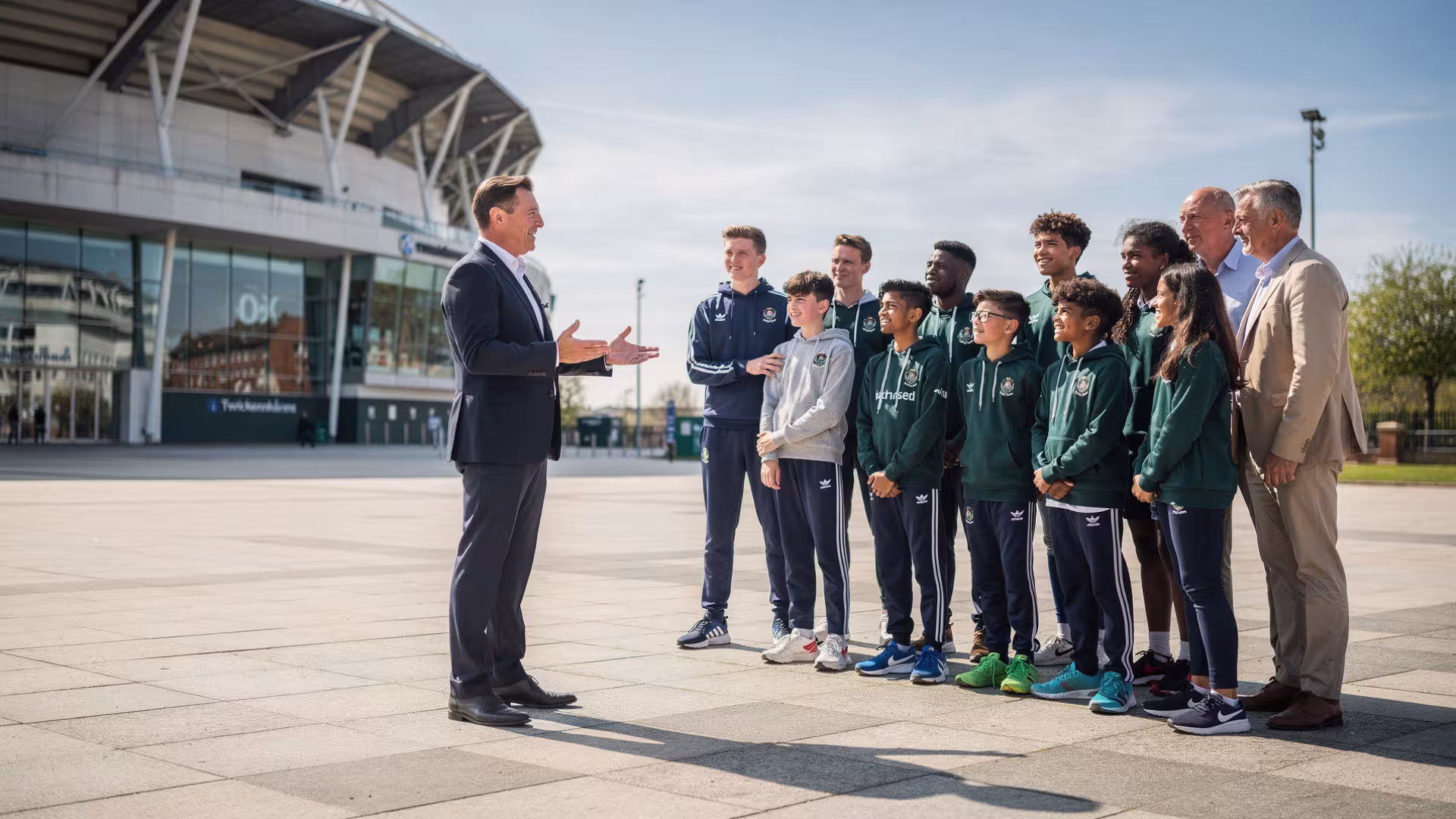 Tour coordinator welcoming a youth rugby team and parents at Twickenham Stadium