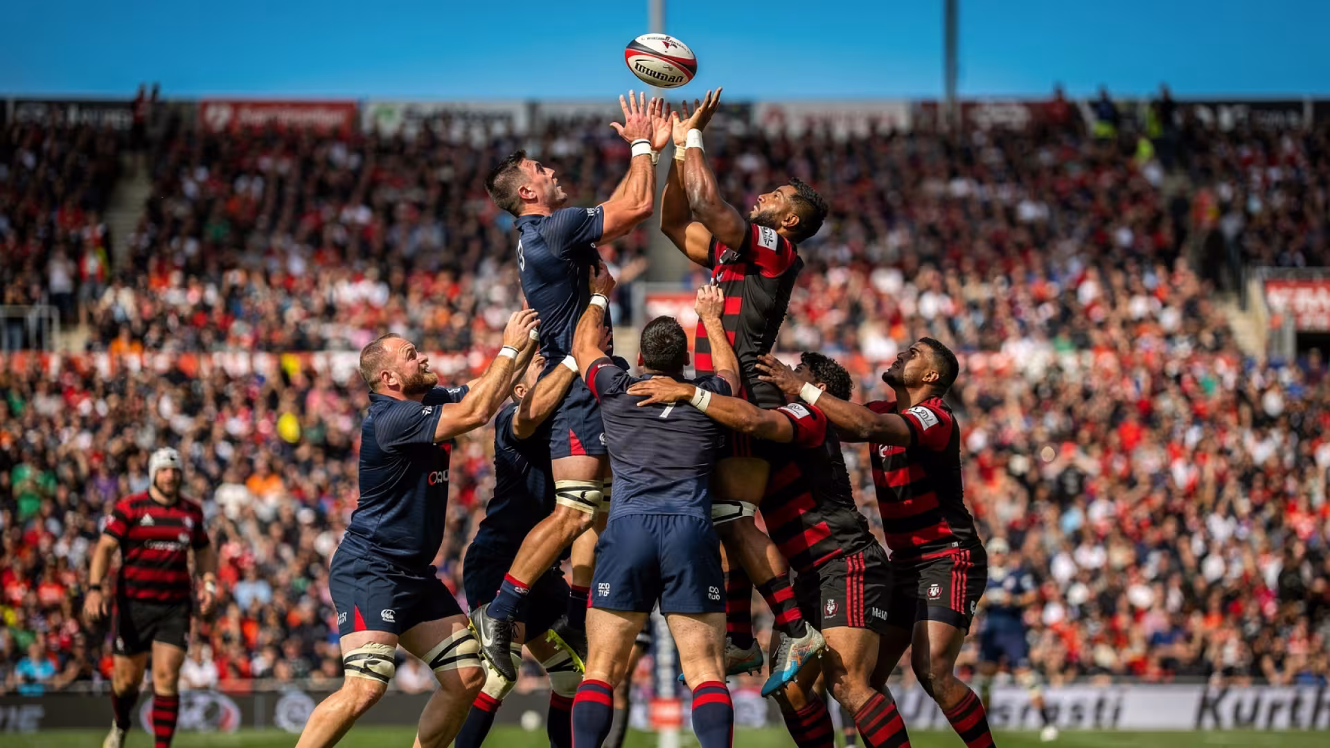 Players competing for the ball at a line-out during a Gallagher Premiership match