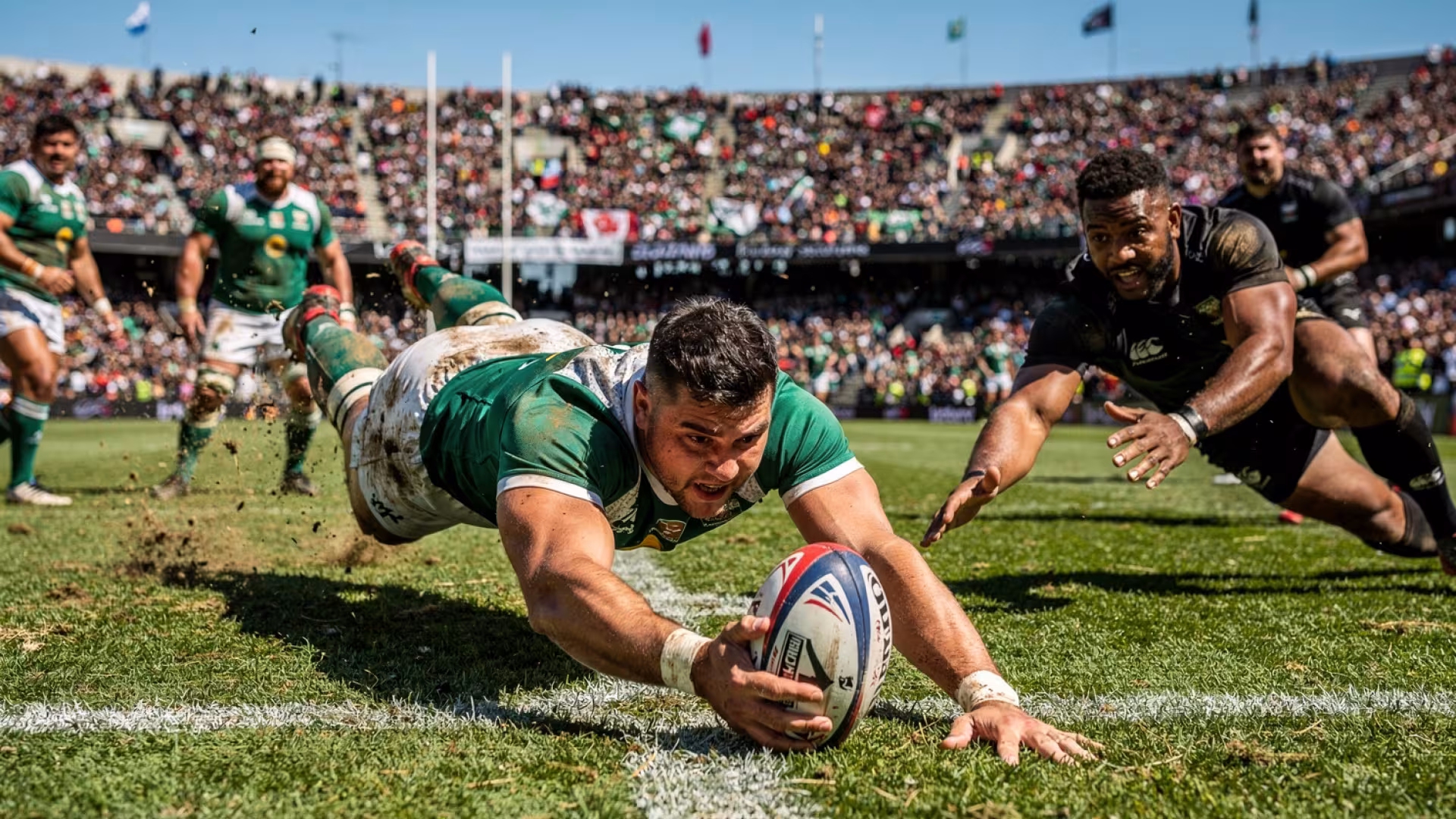 A player diving to score a try during a Gallagher Premiership match