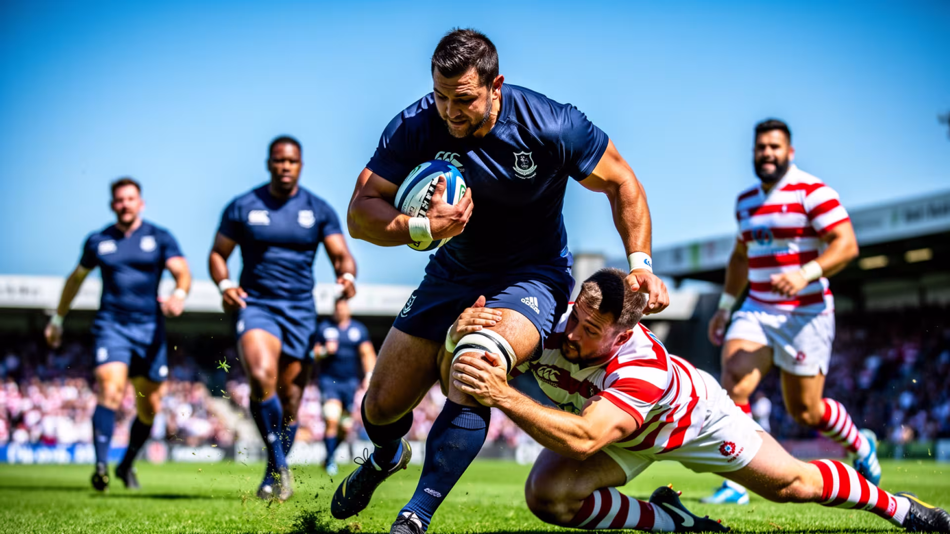 A senior men's rugby player breaking through a tackle during a match