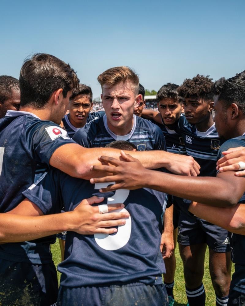 An all-male youth rugby team huddled together with a captain speaking before a match