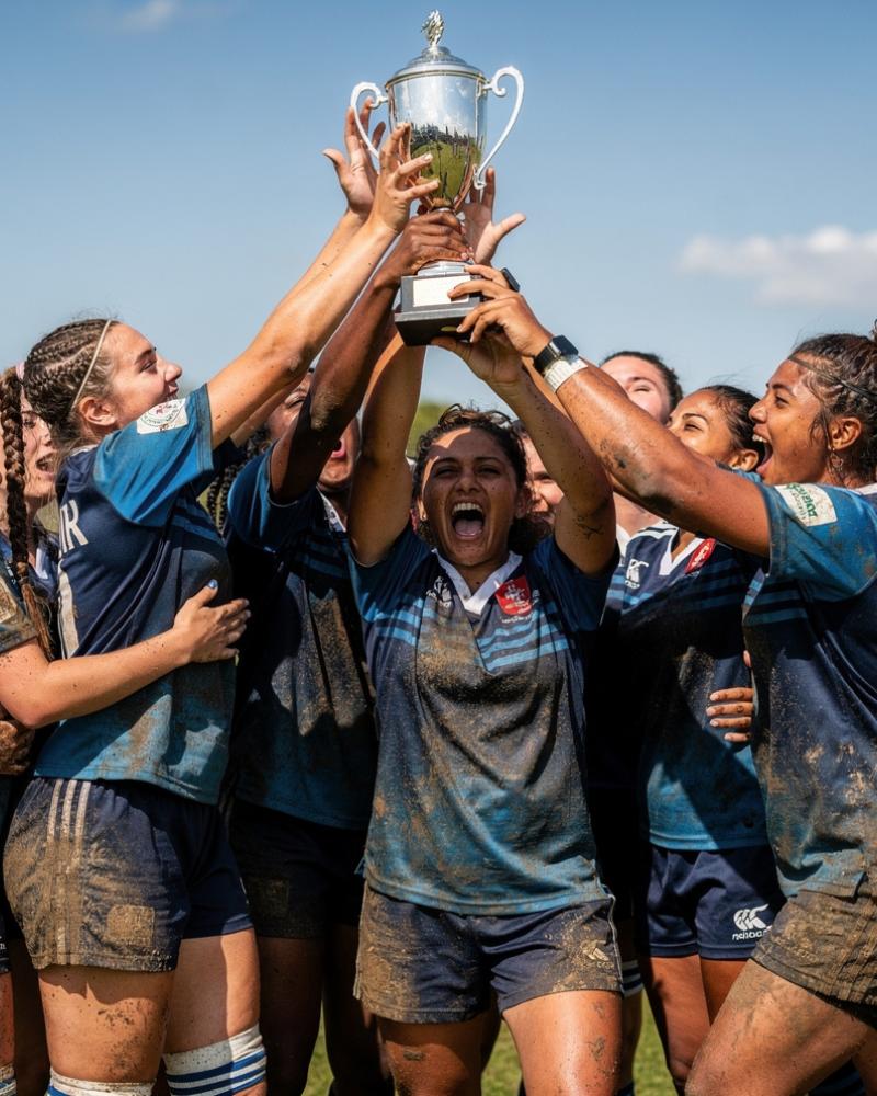 An all-female youth rugby team celebrating and raising a trophy after winning a match