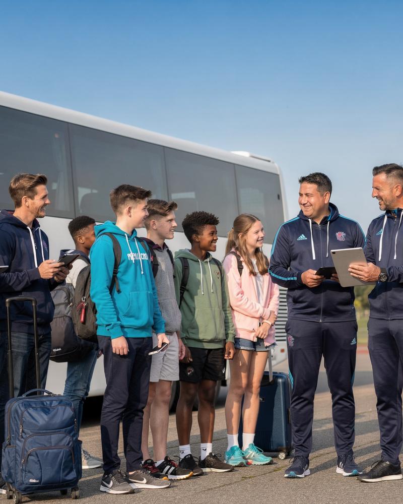 Coaches and tour coordinator helping a youth rugby team prepare beside a touring coach