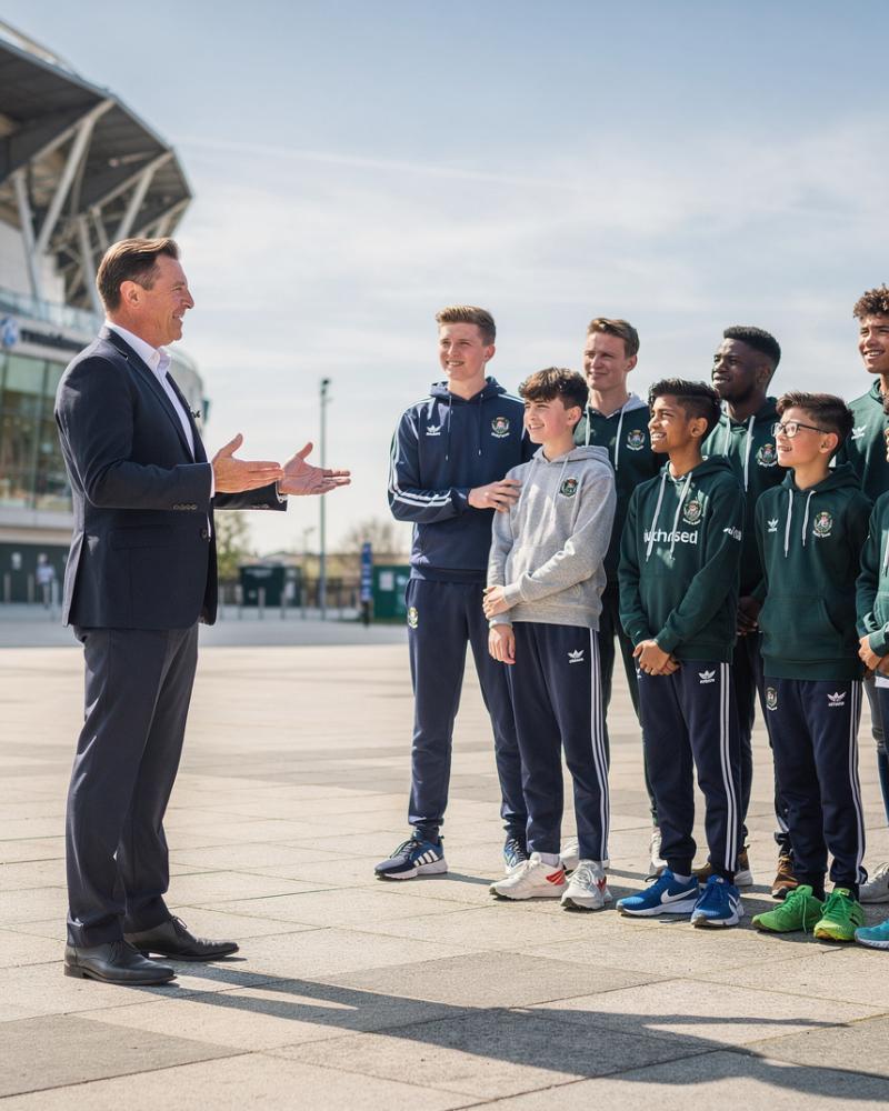 Tour coordinator welcoming a youth rugby team and parents at Twickenham Stadium