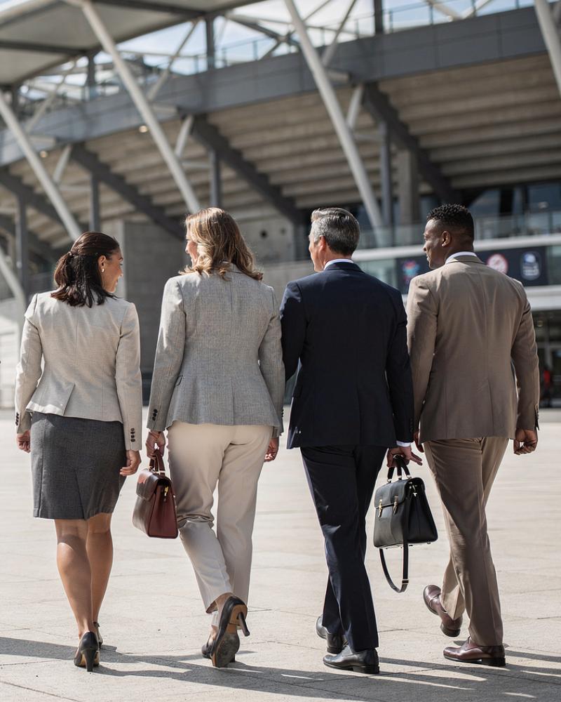 Corporate guests arriving at a modern rugby stadium