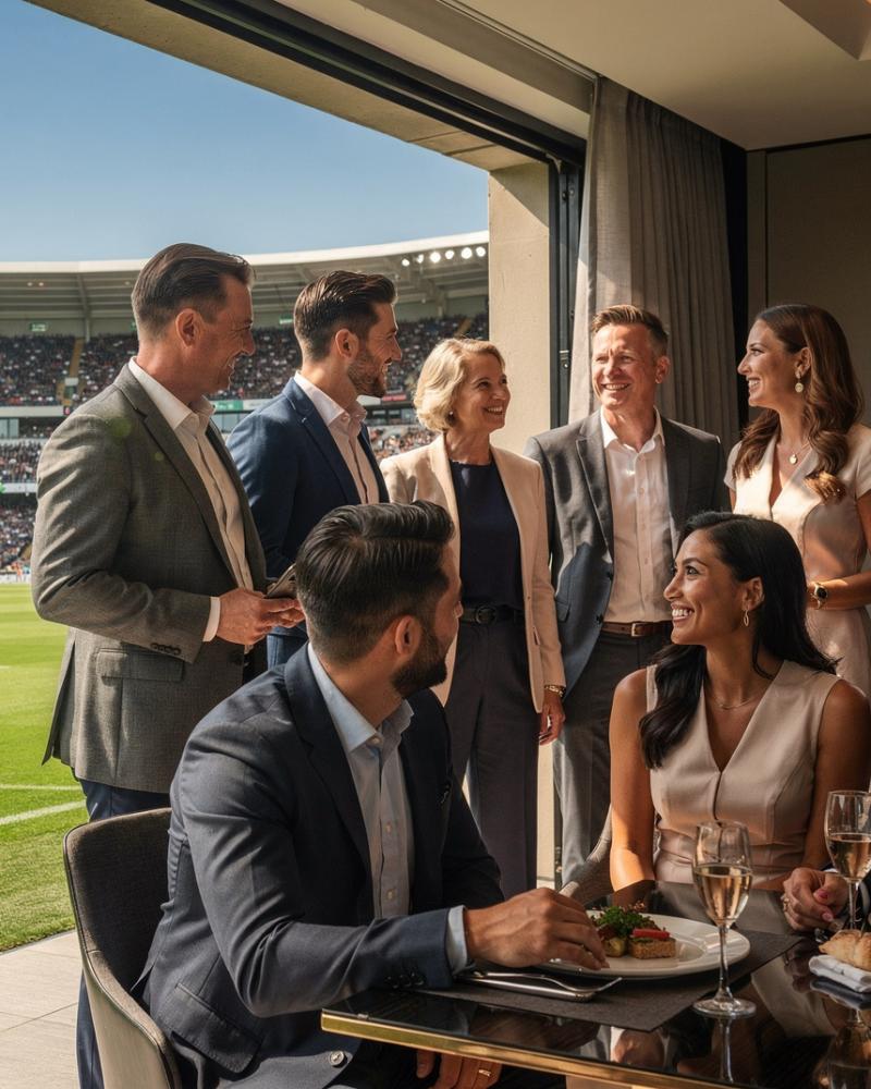 Corporate guests enjoying rugby hospitality in a private suite