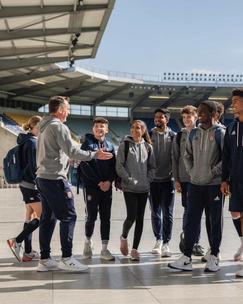 Youth rugby team taking a guided stadium venue tour