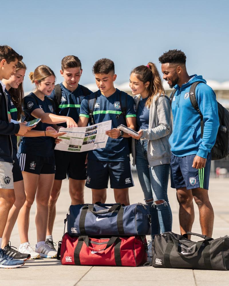 Young rugby players and coach reviewing a tour plan outside a stadium