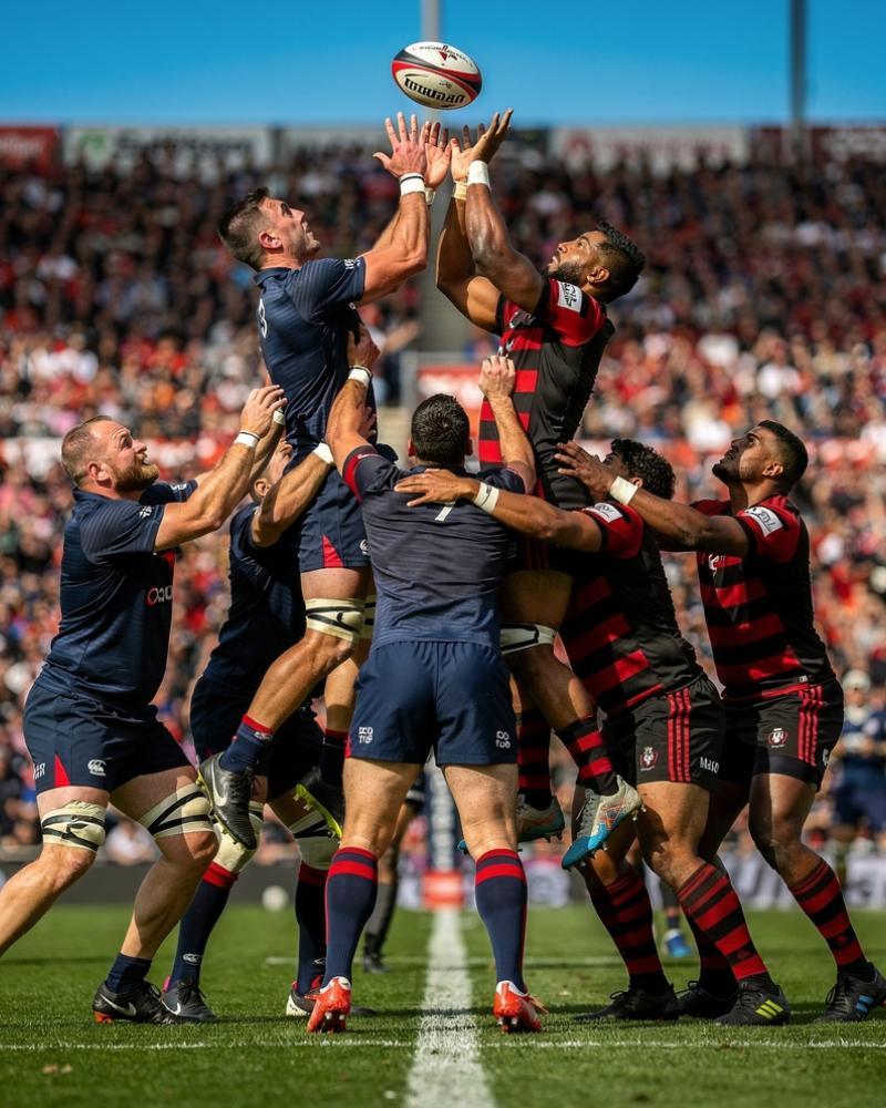 Players competing for the ball at a line-out during a Gallagher Premiership match