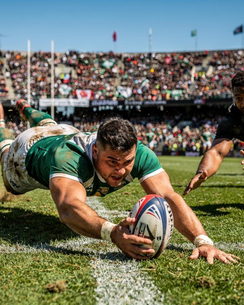 A player diving to score a try during a Gallagher Premiership match
