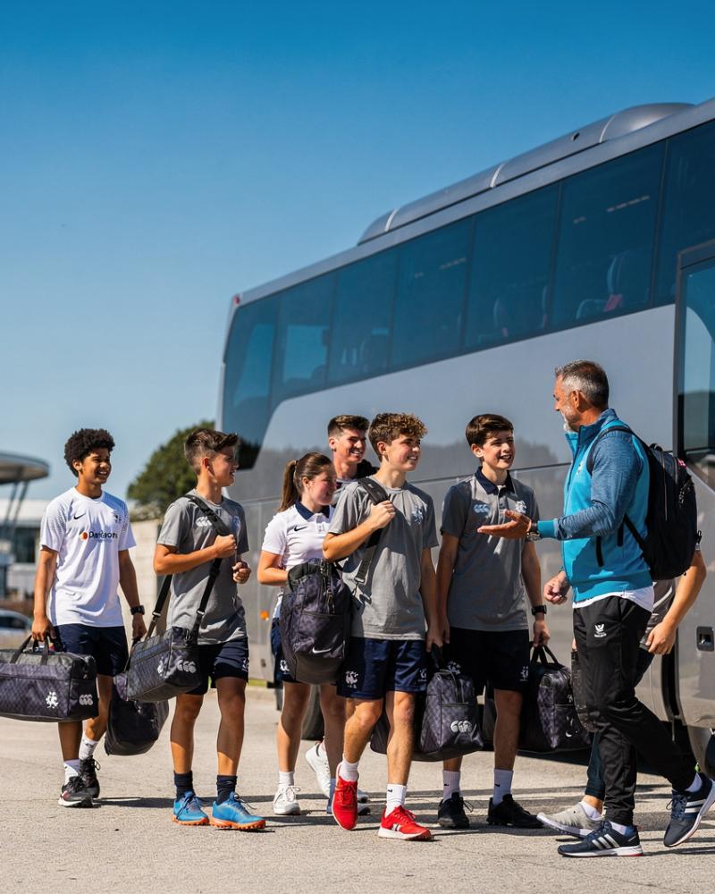 Teenage rugby players and coach arriving beside a team coach