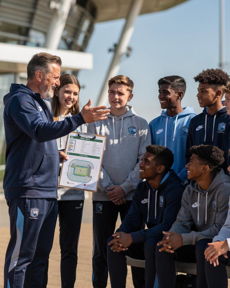 Youth rugby team reviewing a tour itinerary with their coach