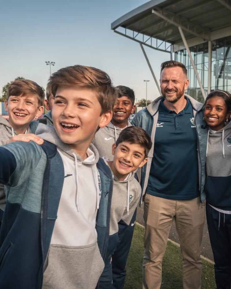 Youth rugby team taking a selfie with a professional player