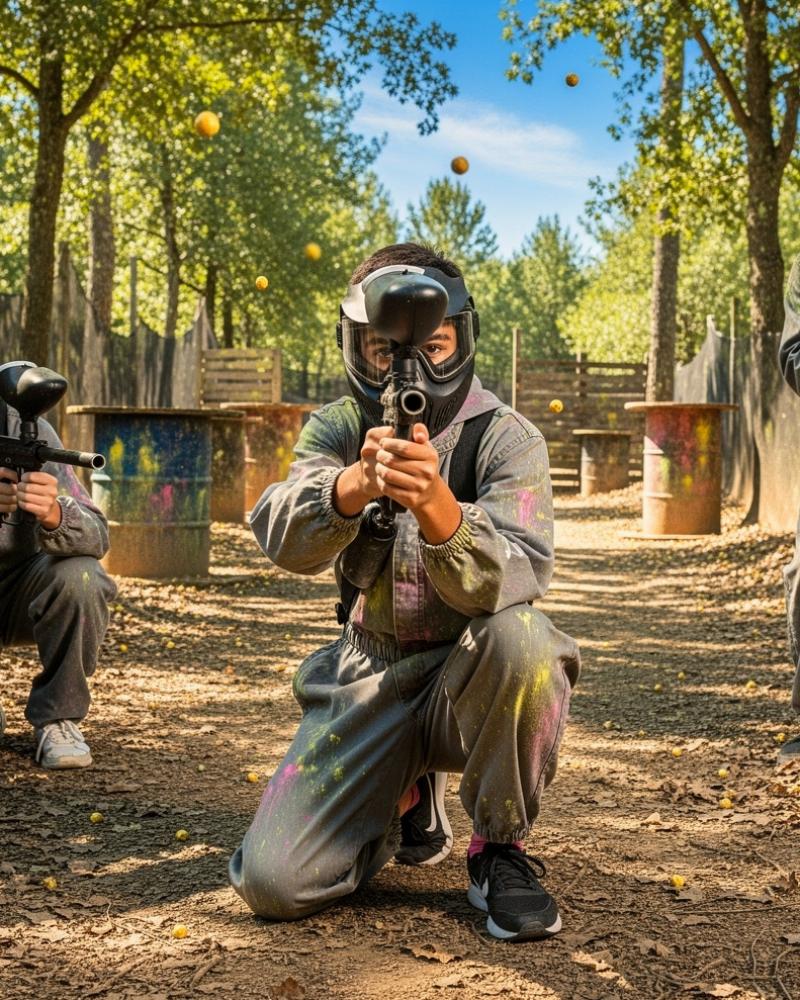 Youth paintball player aiming down the barrel toward the camera with teammates backing him up in a woodland course
