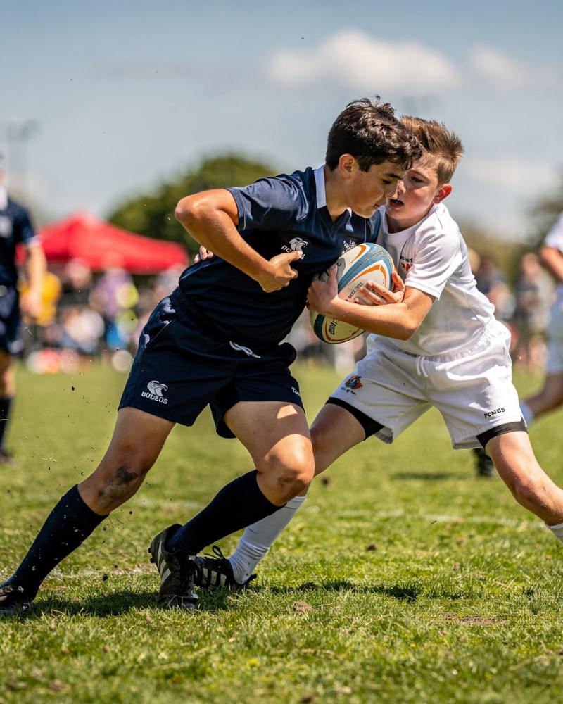 Youth rugby player breaking through a tackle during a rugby festival match