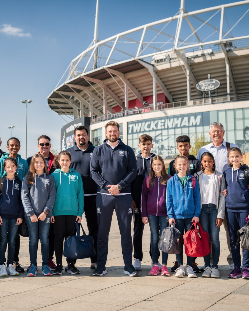 Youth rugby team, coaches and parents outside Twickenham Stadium