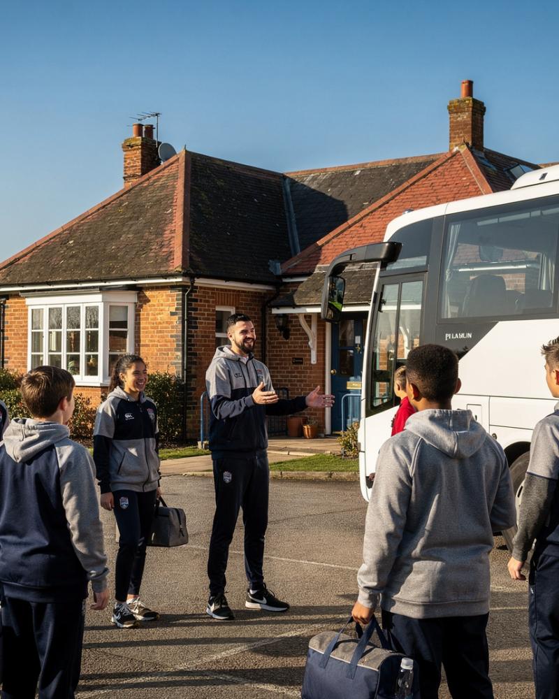 Youth rugby team in tracksuits boarding a coach outside their home club