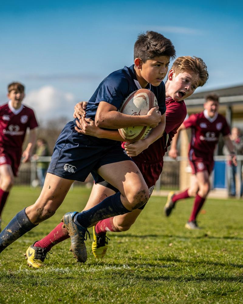 Youth rugby player breaking through a tackle in an away match