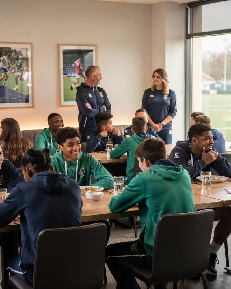 Youth rugby teams sharing post-match hospitality in a clubhouse