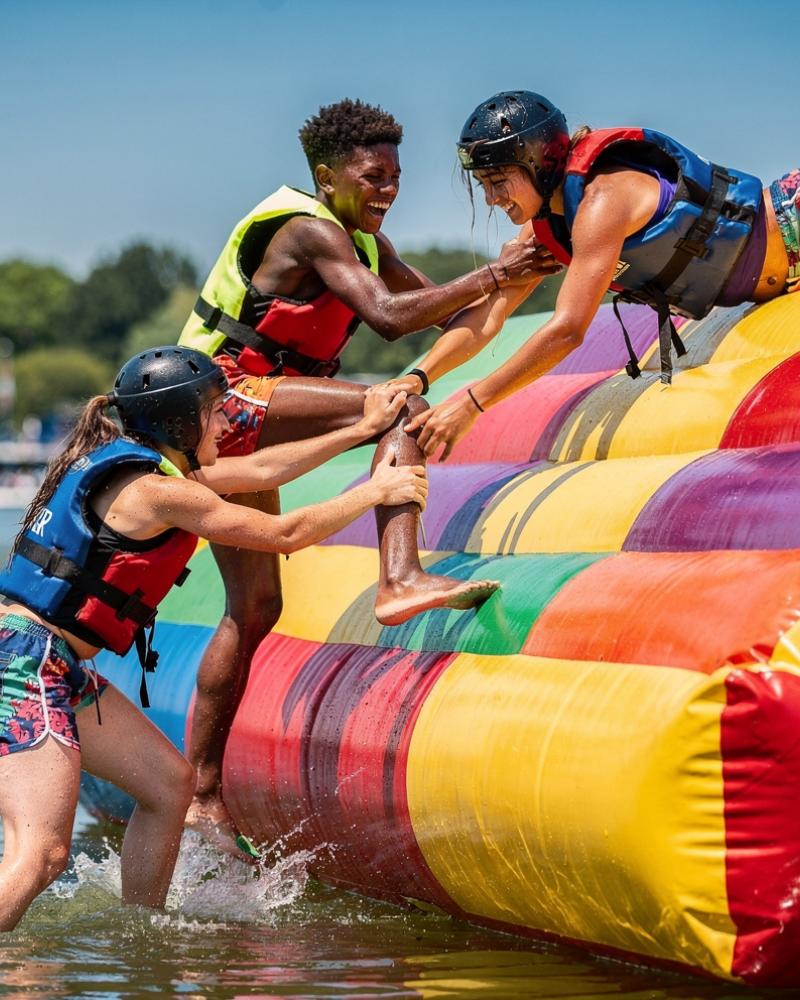 Three teenage teammates working together to climb an inflatable obstacle at a water park