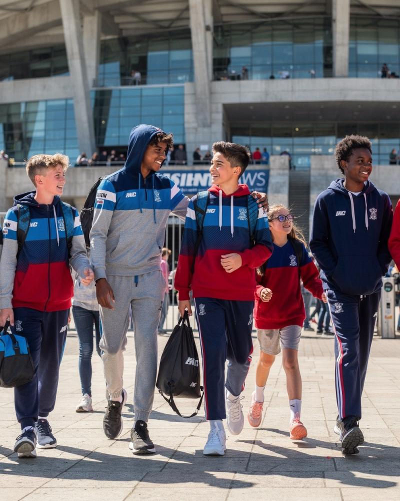 Kids outside a rugby stadium