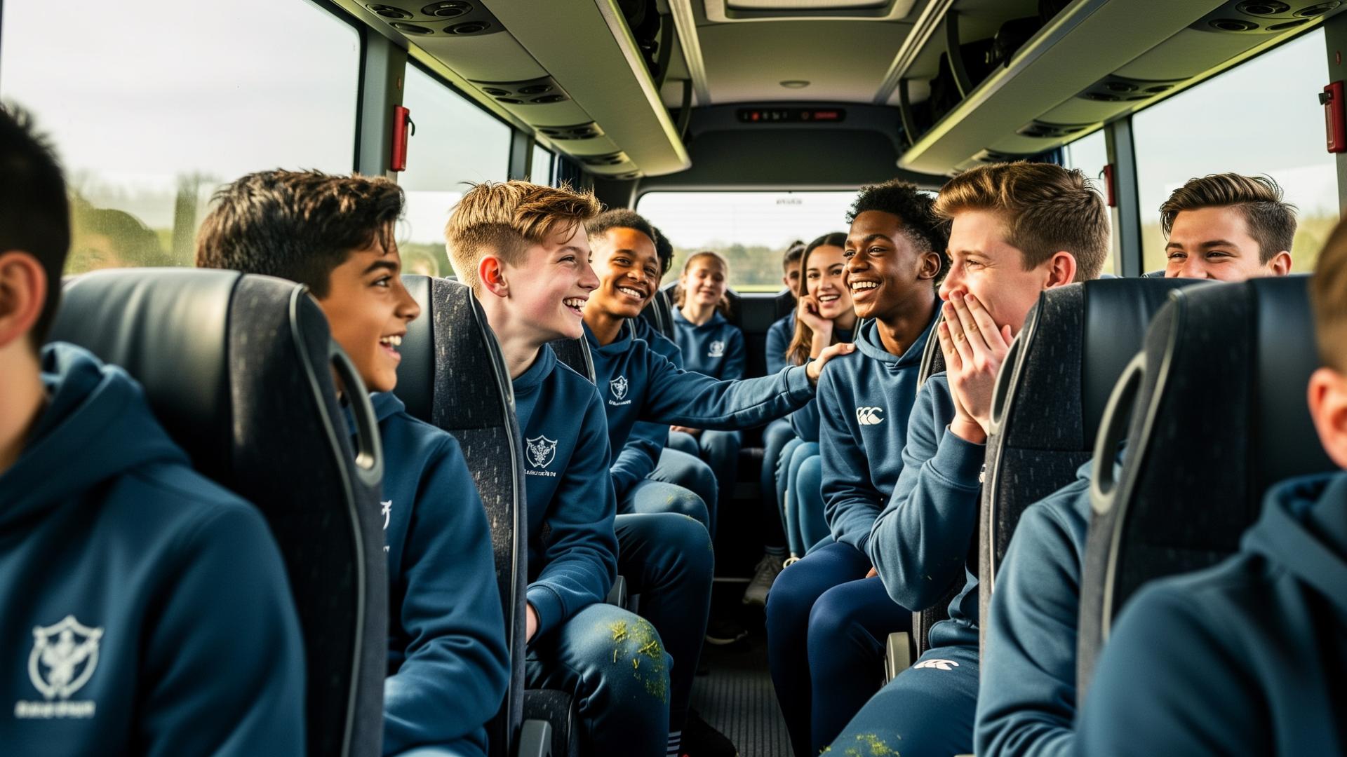 A youth rugby team laughing together on the team coach