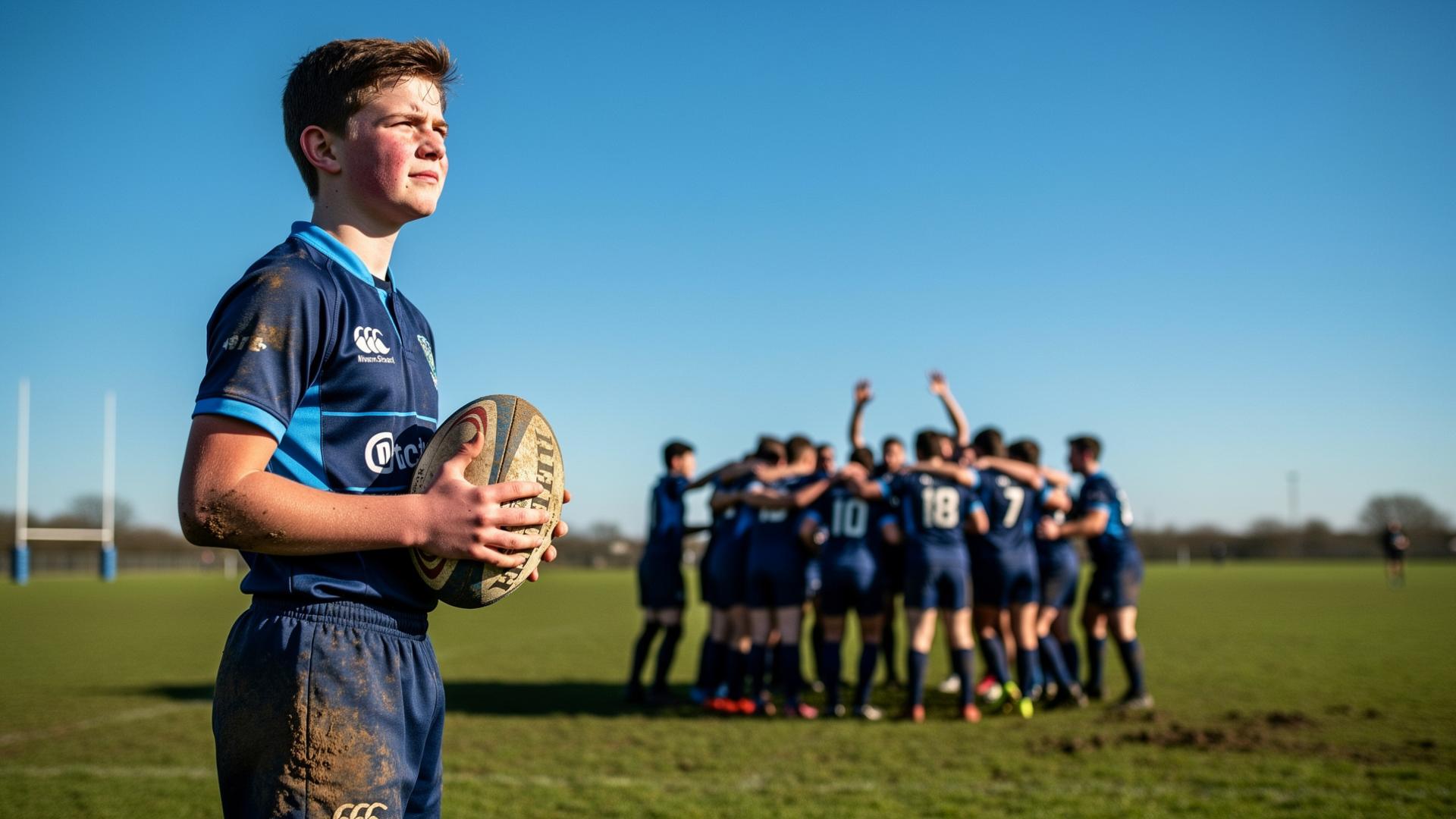 A youth rugby player standing proudly on the pitch with teammates celebrating behind