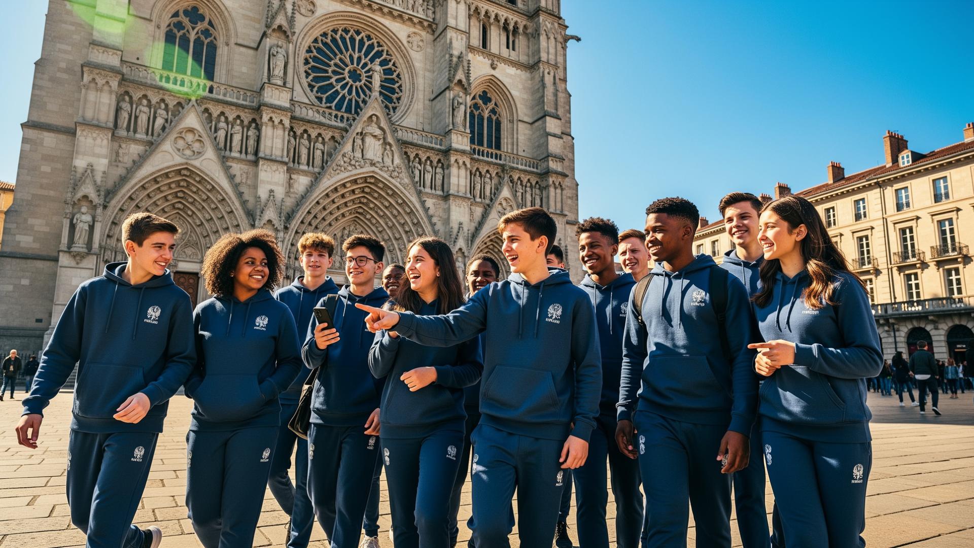 A youth rugby team sightseeing together at a European landmark