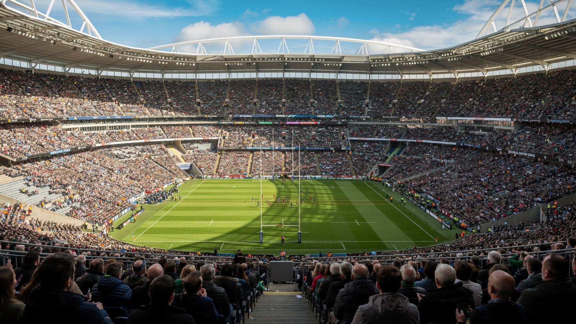 Packed Murrayfield Stadium viewed from high in the stands