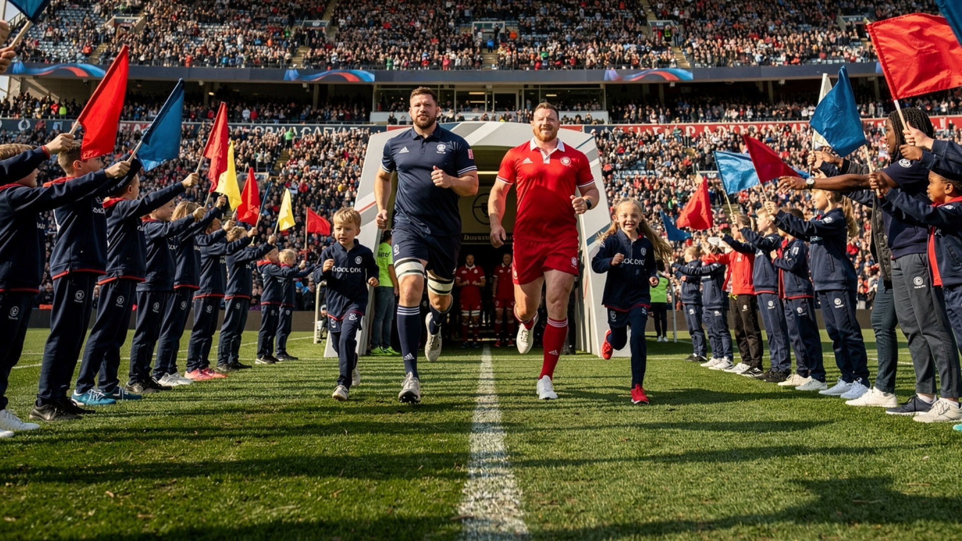 Youth flag guards and child mascots welcome rugby teams onto the pitch at Twickenham Stadium