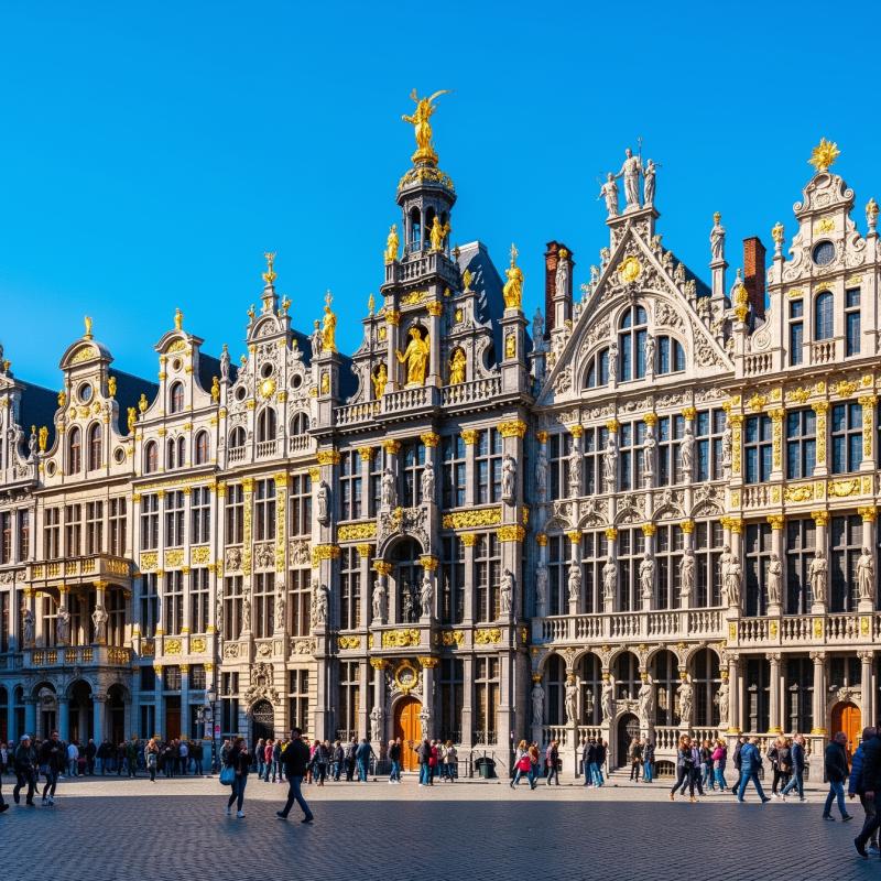 The Grand Place guild houses in Brussels, Belgium, under bright blue sky