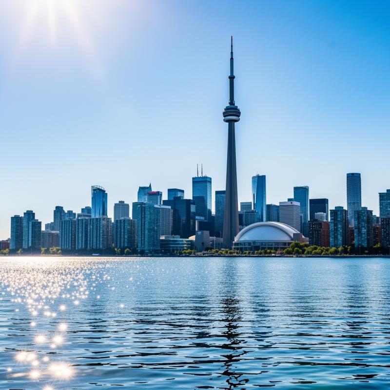 The Toronto skyline with the CN Tower, Canada, under bright blue sky