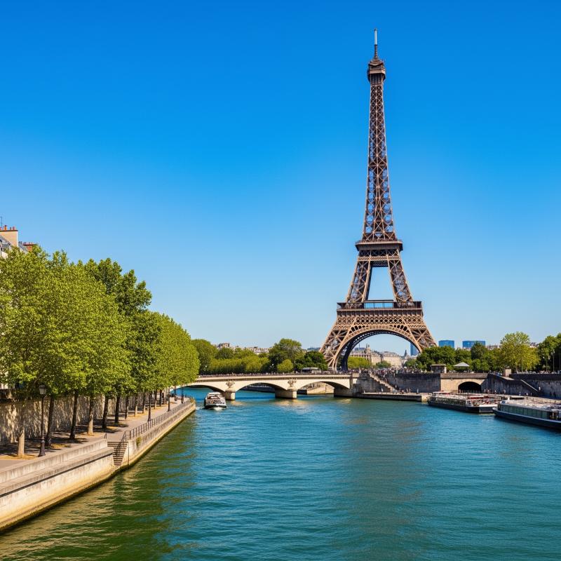 The Eiffel Tower and the Seine in Paris, France, under bright blue sky