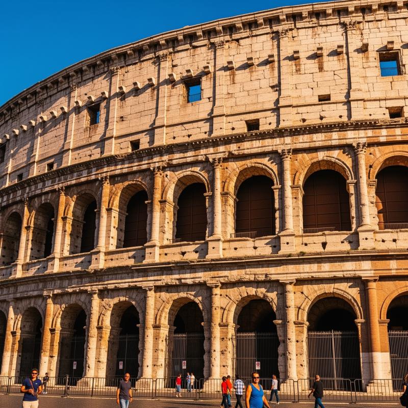 The Colosseum in Rome, Italy, under bright blue sky