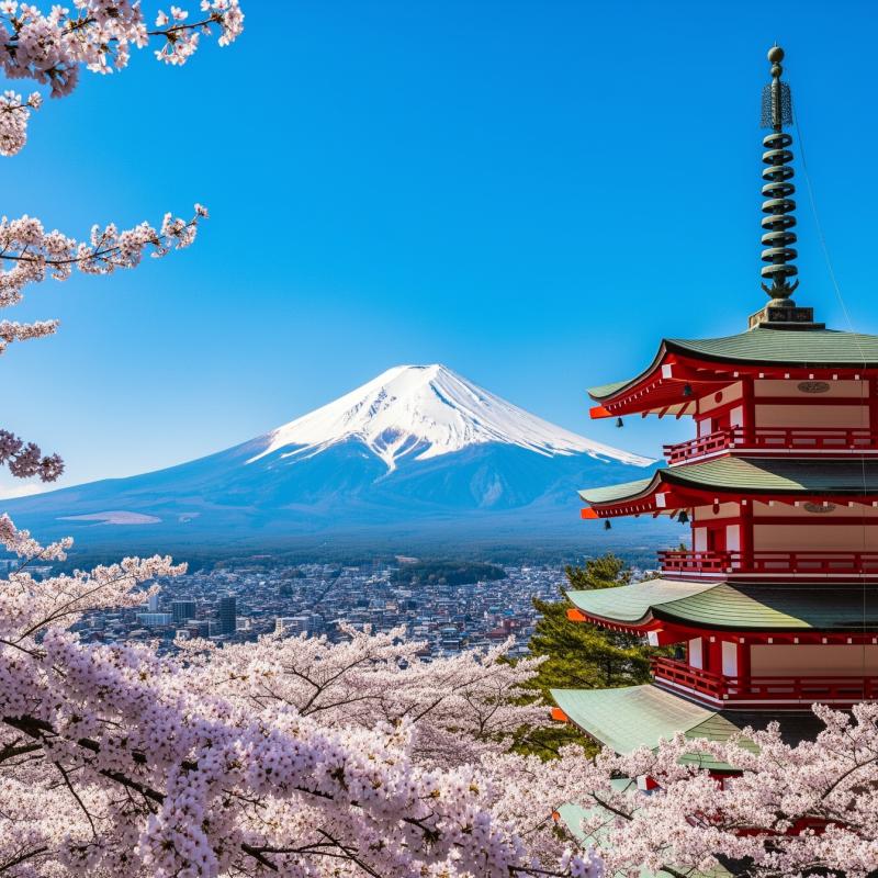 Mount Fuji with the Chureito Pagoda, Japan, under bright blue sky