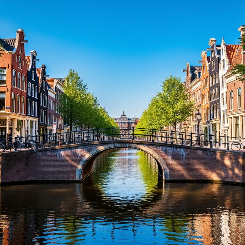 A canal bridge in Amsterdam, Netherlands, under bright blue sky
