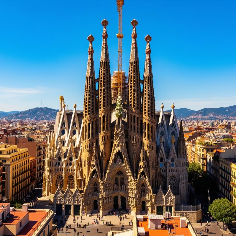 Sagrada Familia and the Barcelona skyline, Spain, under bright blue sky