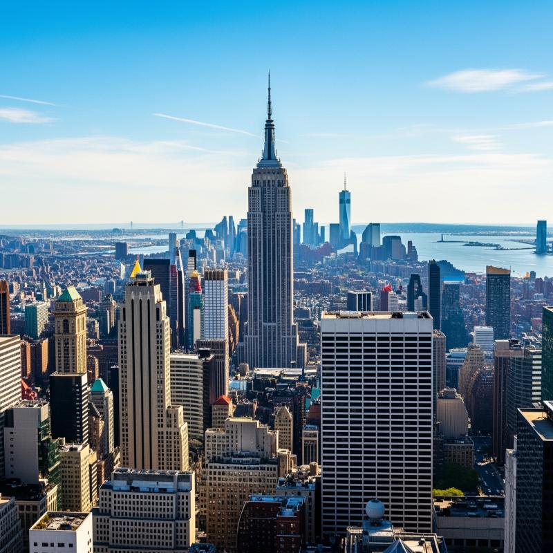 The New York City skyline with the Empire State Building, USA, under bright blue sky