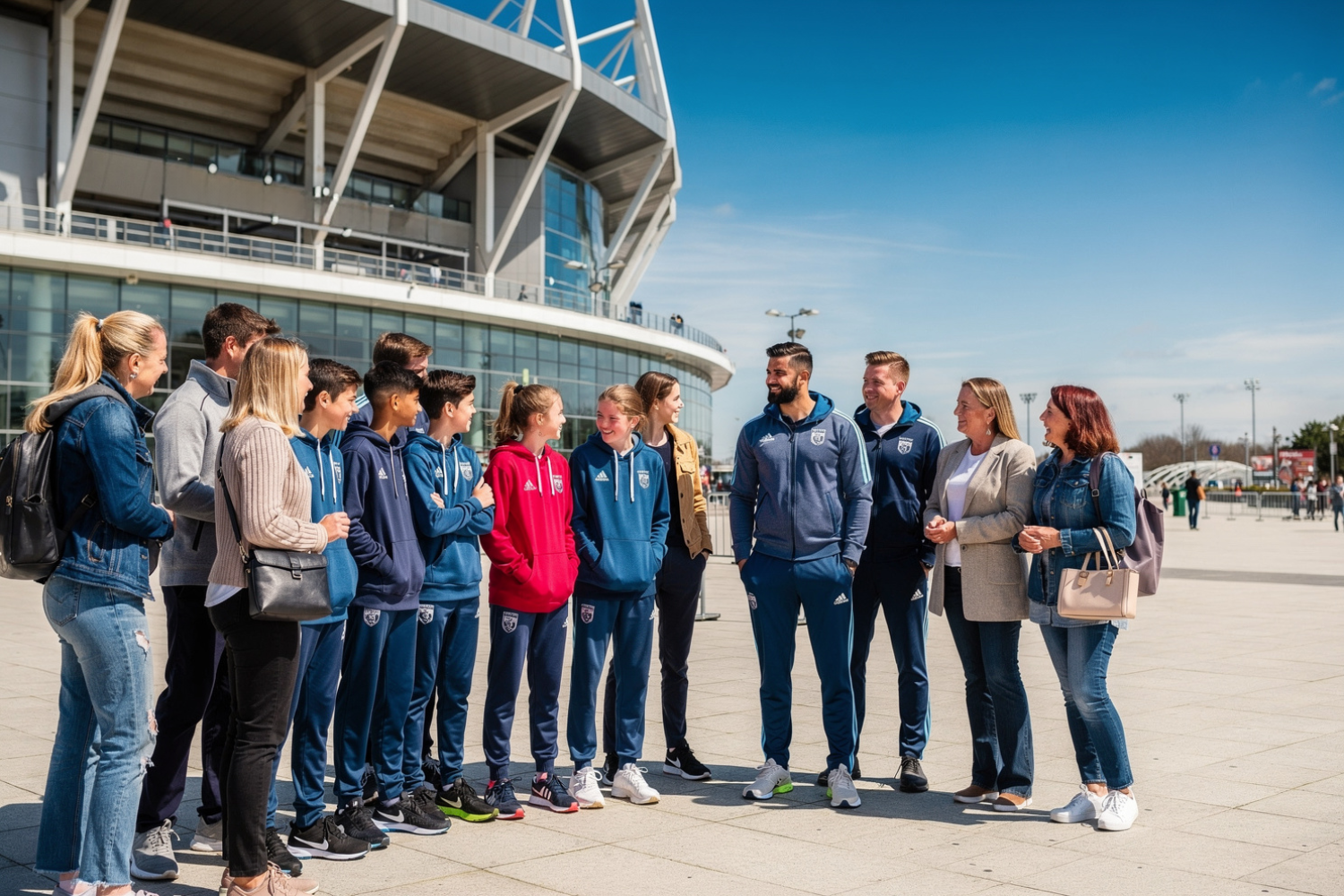Youth rugby team, coaches and parents outside Principality Stadium