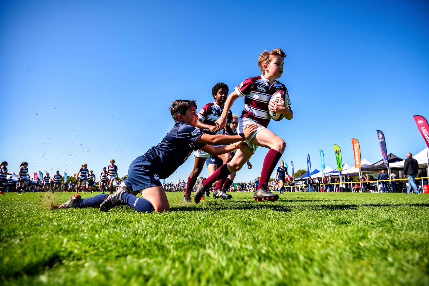 A youth rugby match in action at a festival, low angle shot with other matches playing in the background