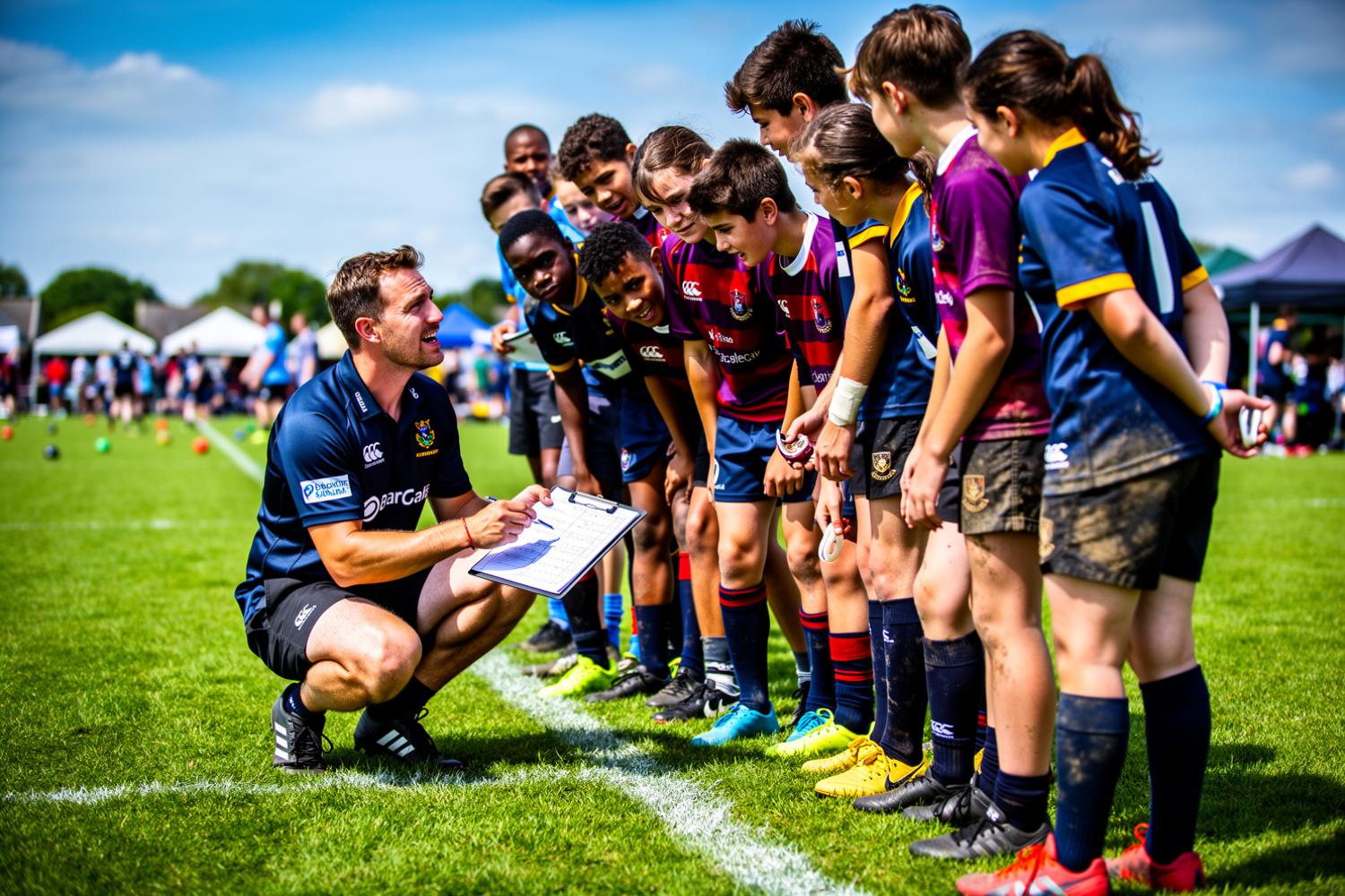 A coach briefing his youth rugby team pitch-side at a festival