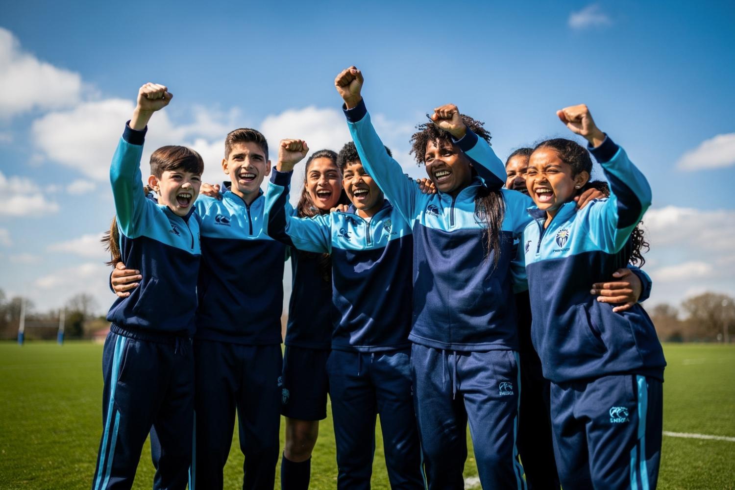 Youth rugby team celebrating together with fists raised on the pitch