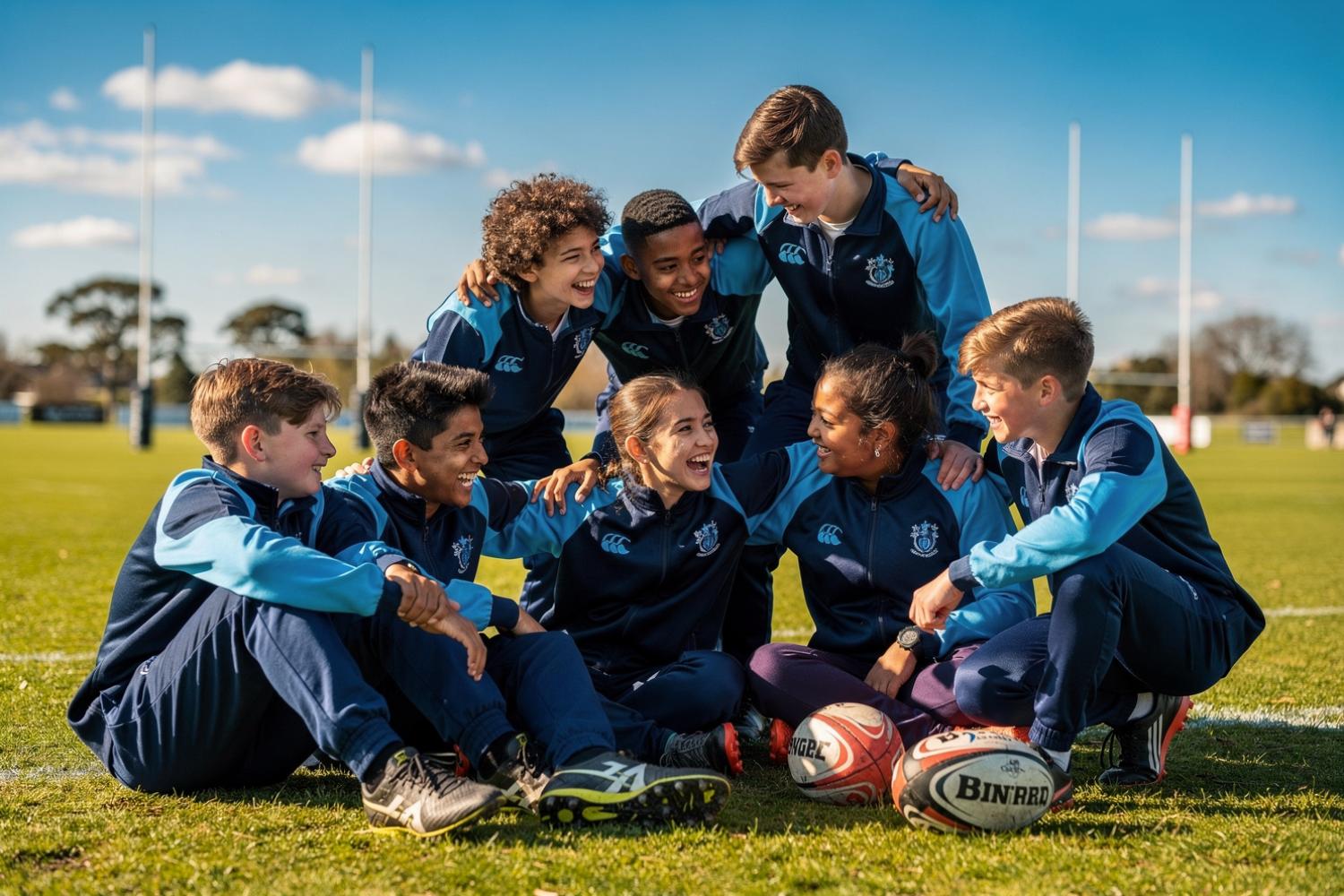 Diverse youth rugby team laughing together in a huddle on the pitch
